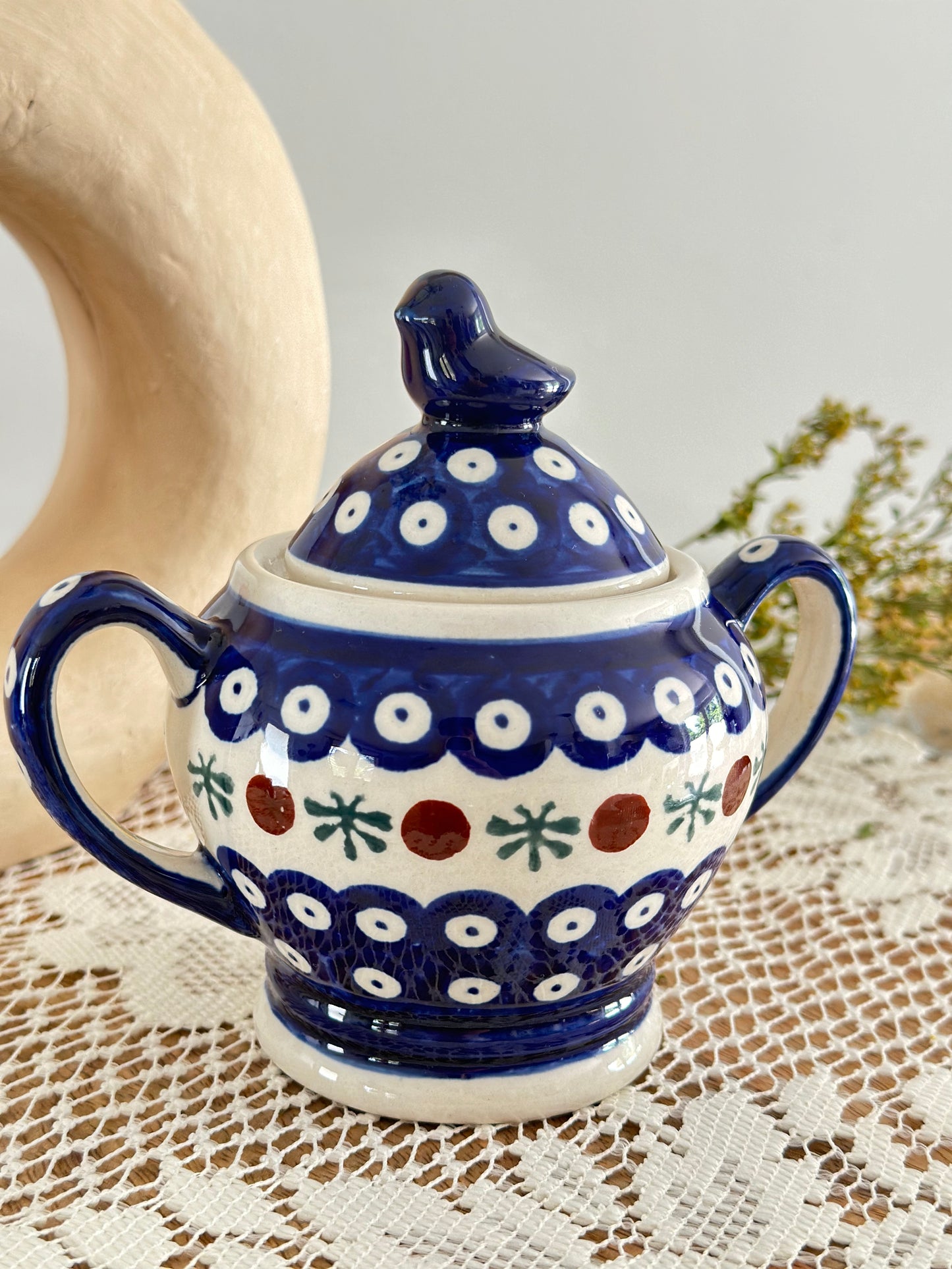 Vintage Polish Pottery Bird lid sugar bowl