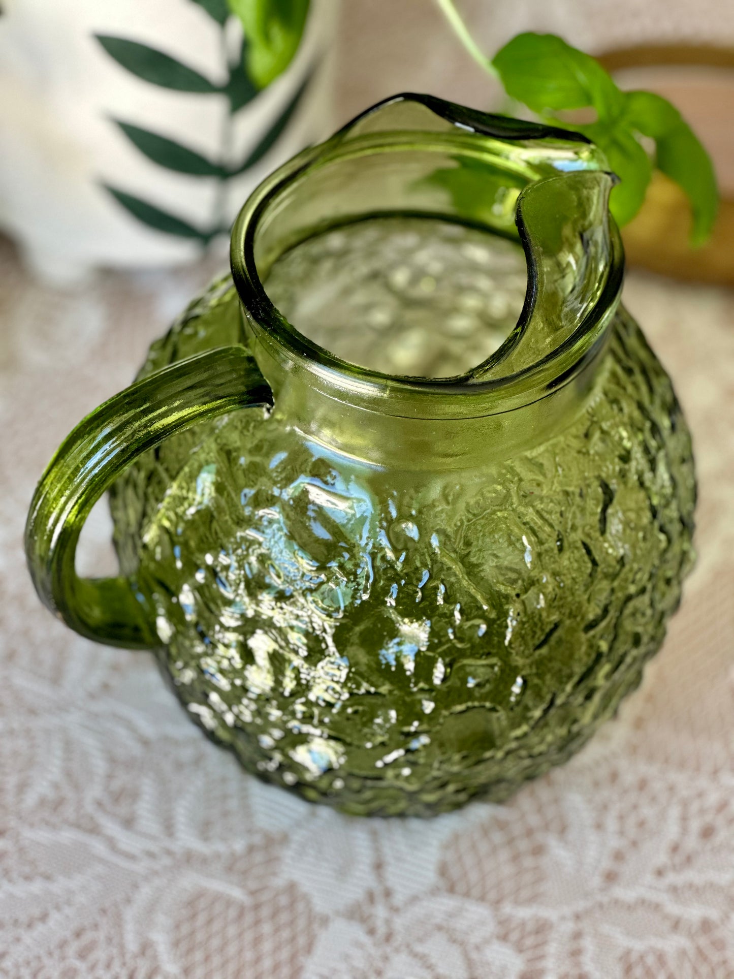 Vintage Green Glass 3 Qt Pitcher